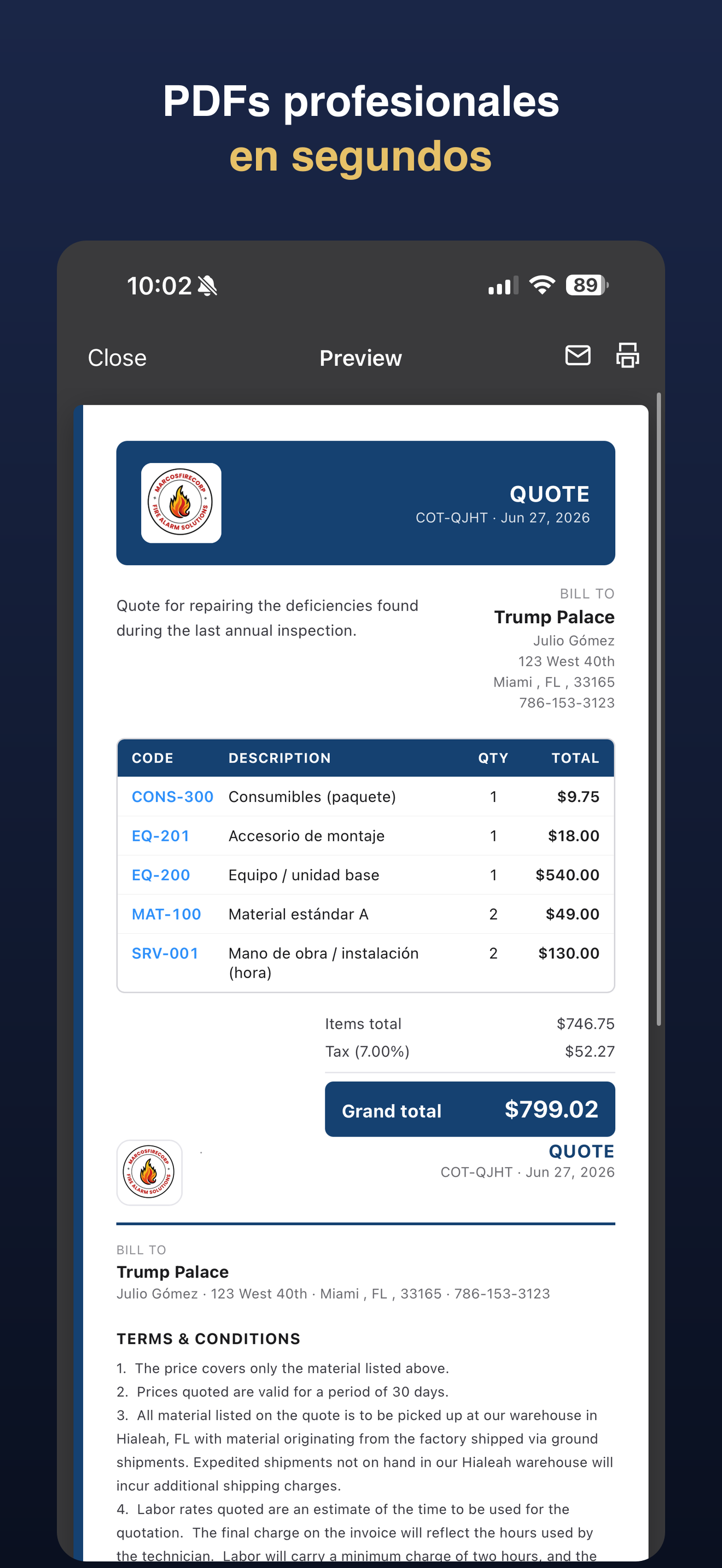 QUOTE-PRO — detalle de presupuesto