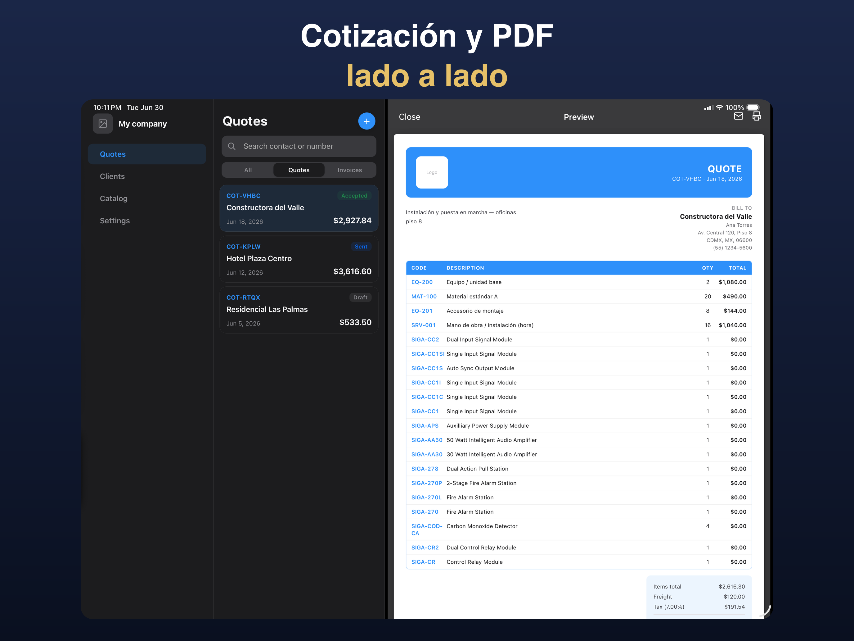 QUOTE-PRO en iPad — cotización y PDF lado a lado